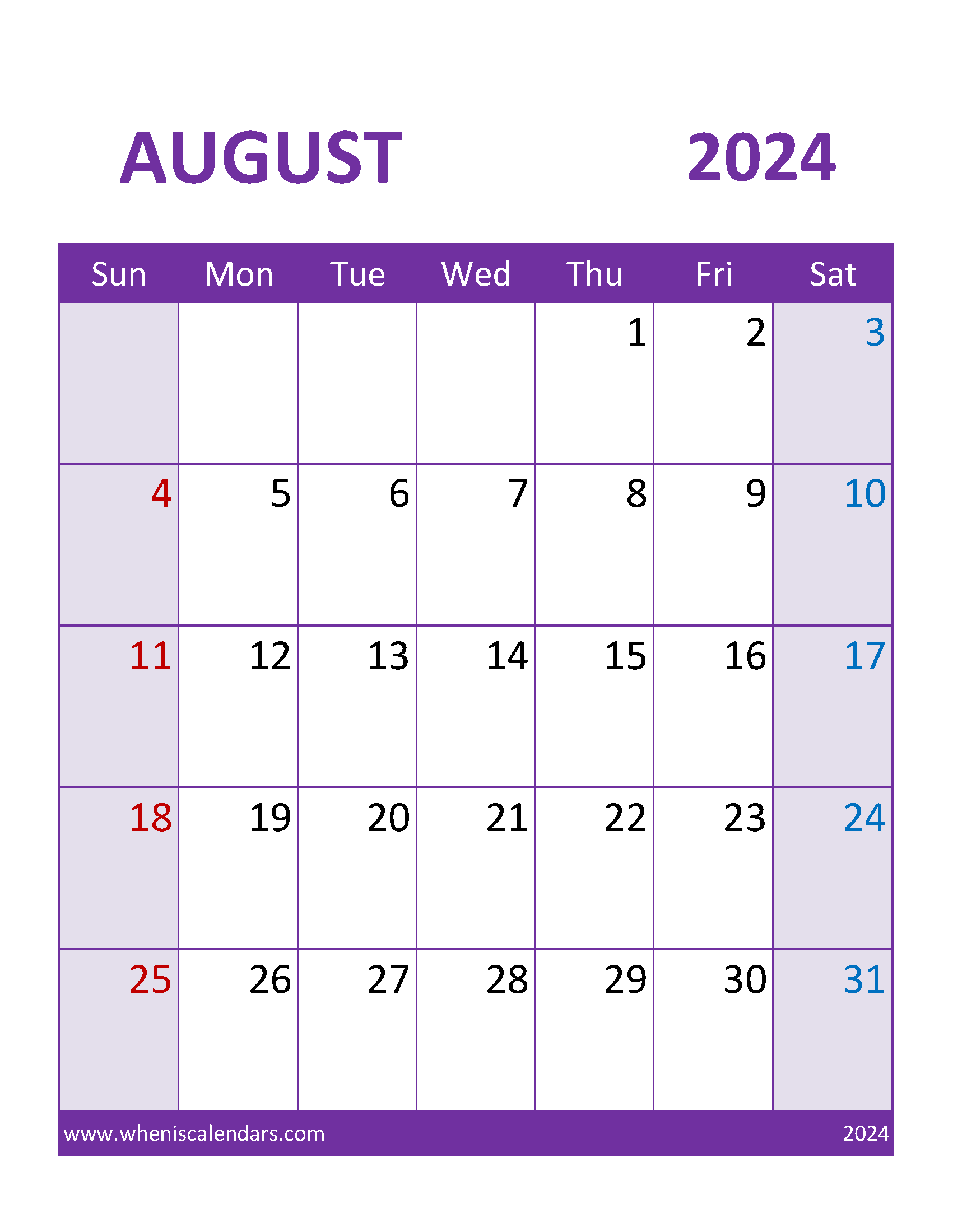 August 2024 Calendar vertical Printable Monthly Calendar