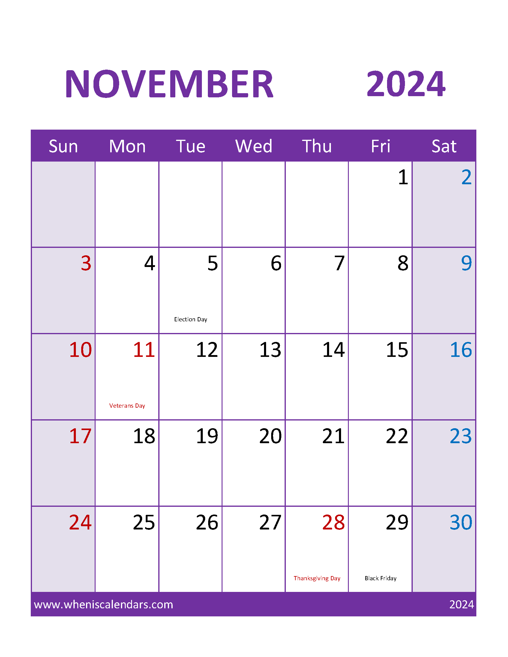 November 2024 Calendar vertical Printable Monthly Calendar