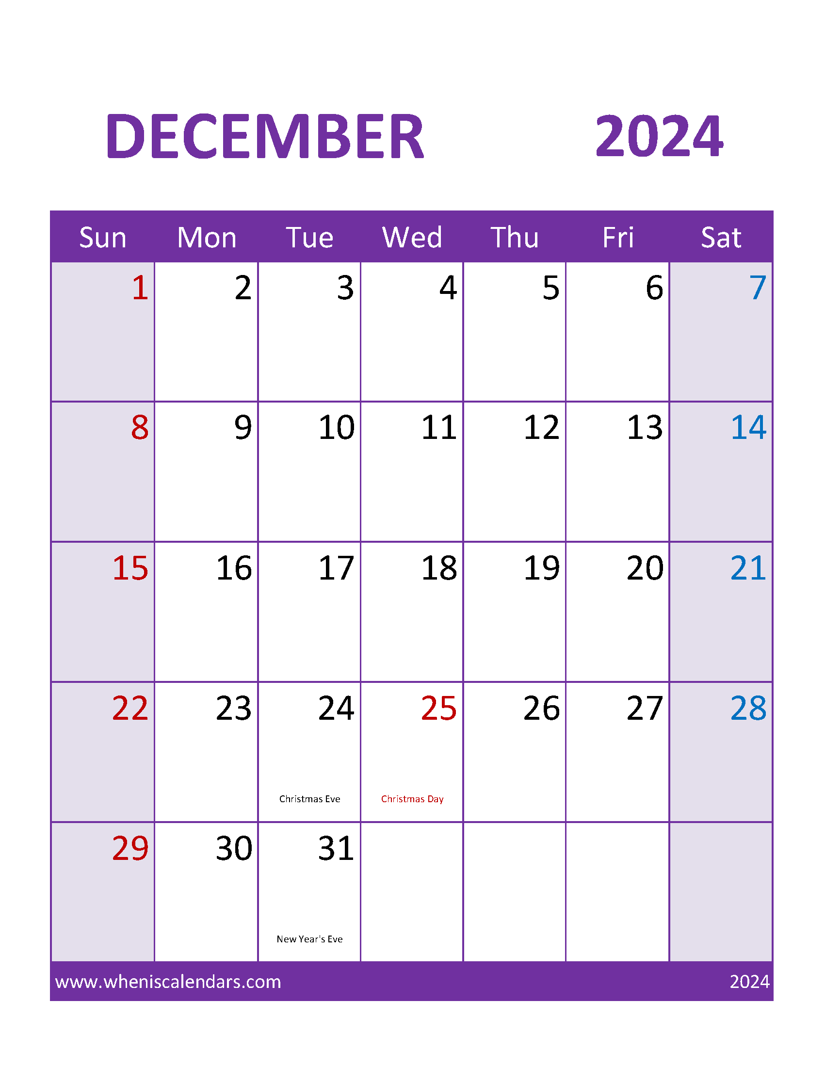 December 2024 Calendar vertical Printable Monthly Calendar
