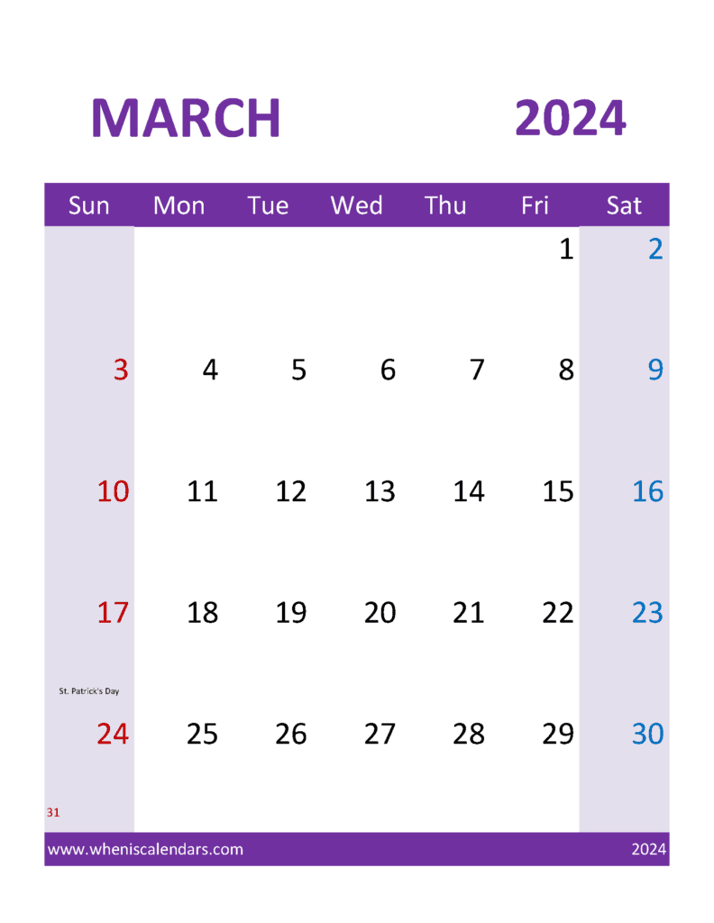 Download Calendar with Holidays March 2024 Letter Vertical M34395