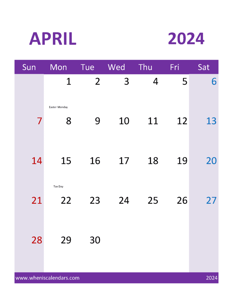 Calendar with Holidays April 2024 A44395