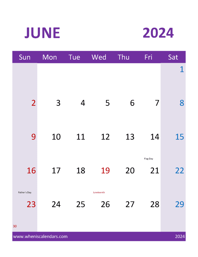 Calendar with Holidays June 2024 J64395