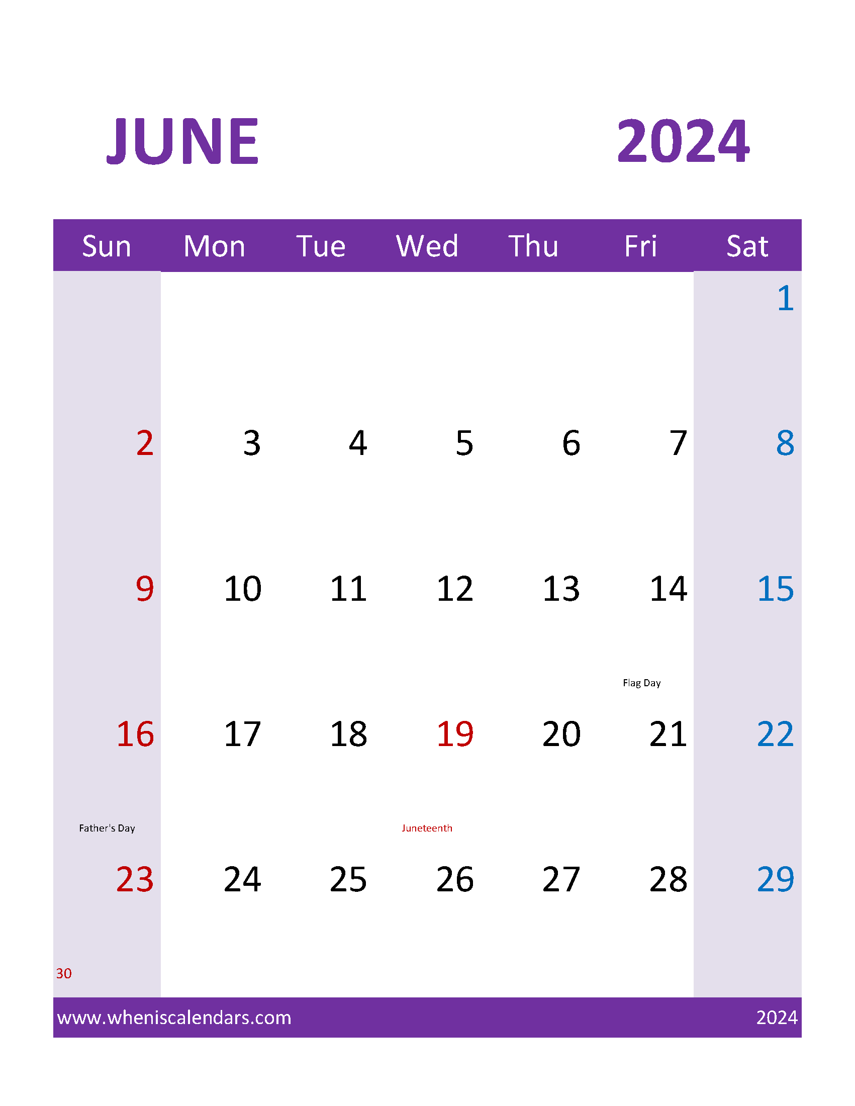 Calendar with Holidays June 2024 Monthly Calendar
