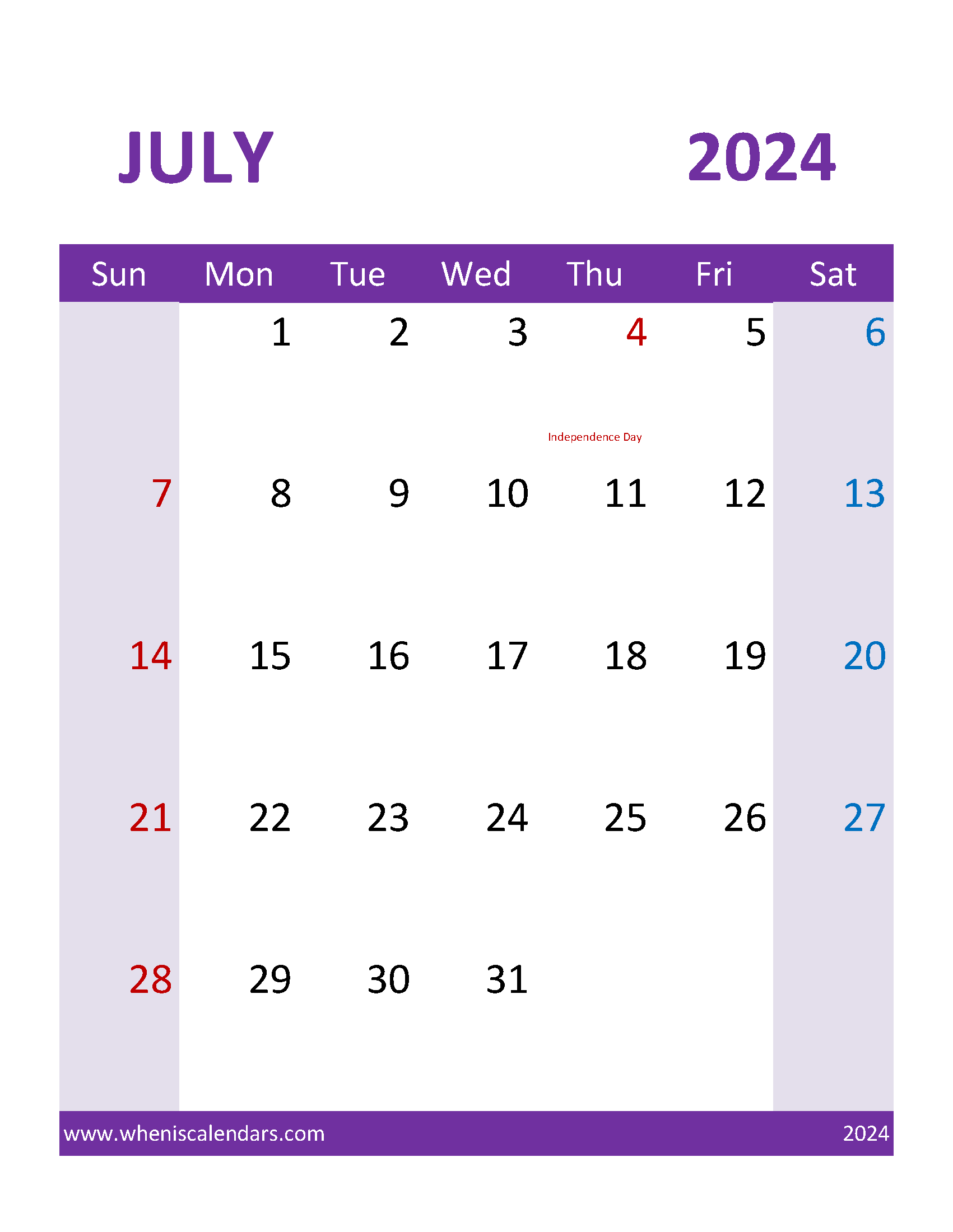 Calendar with Holidays July 2024 Monthly Calendar