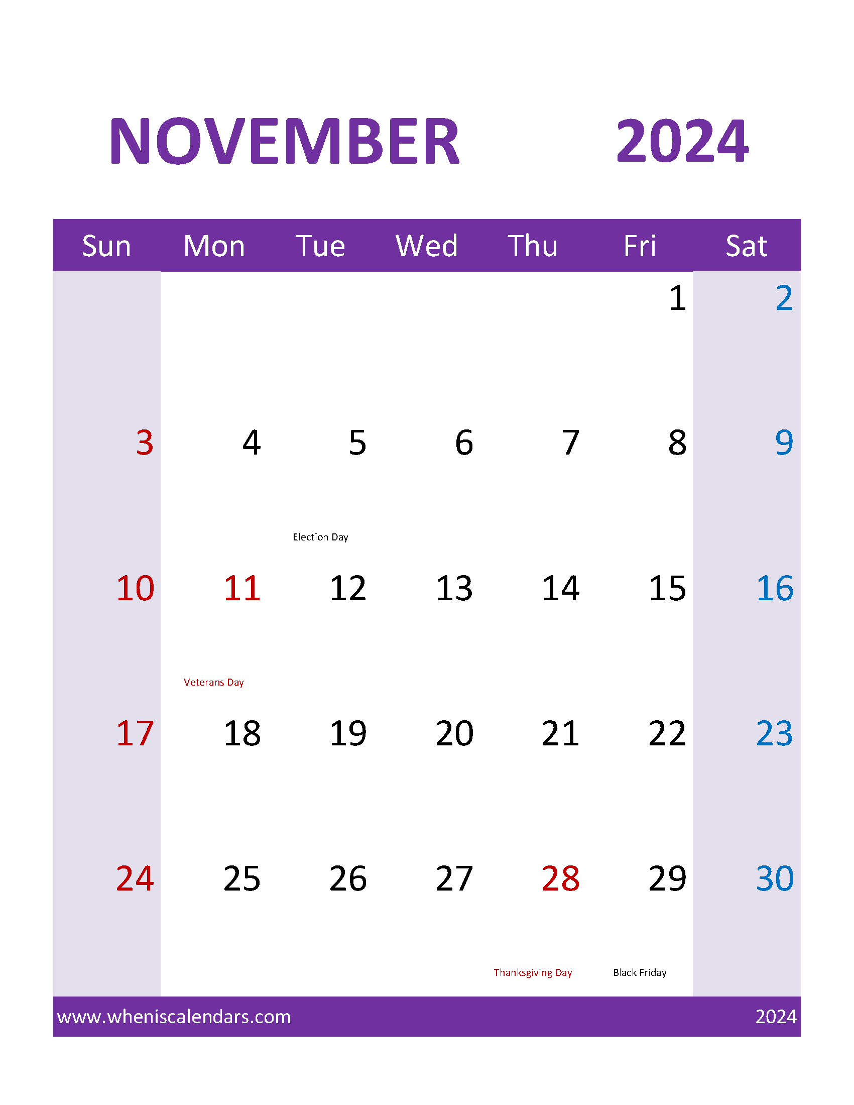 Calendar with Holidays November 2024 Monthly Calendar