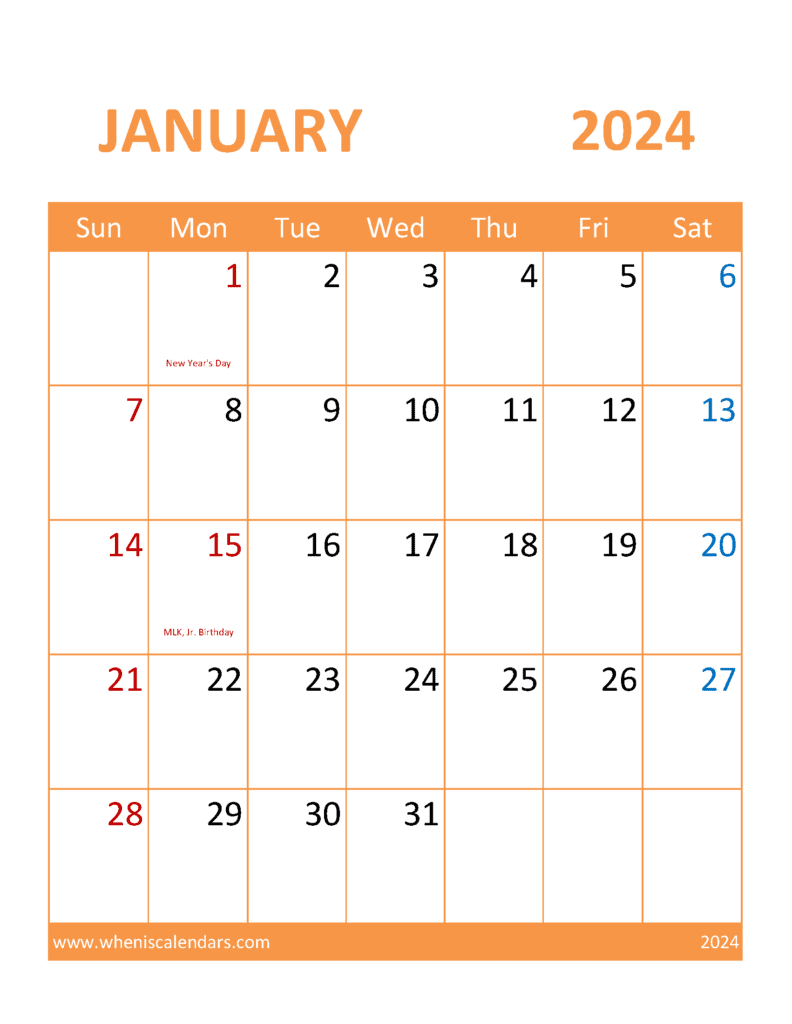 Download January Blank Calendar 2024 pdf Letter Vertical J4396