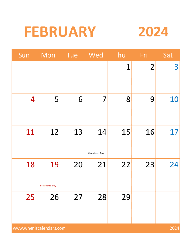 Download February Blank Calendar 2024 pdf Letter Vertical F4396