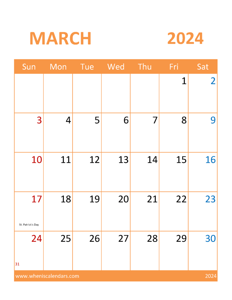 Download March Blank Calendar 2024 pdf Letter Vertical M34396