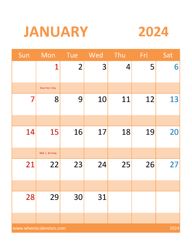 Download January 2024 work Calendar Letter Vertical J4397