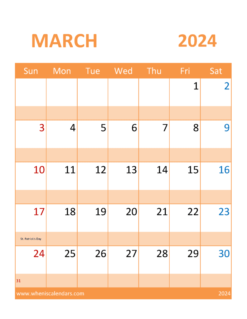 Download March 2024 work Calendar Letter Vertical M34397