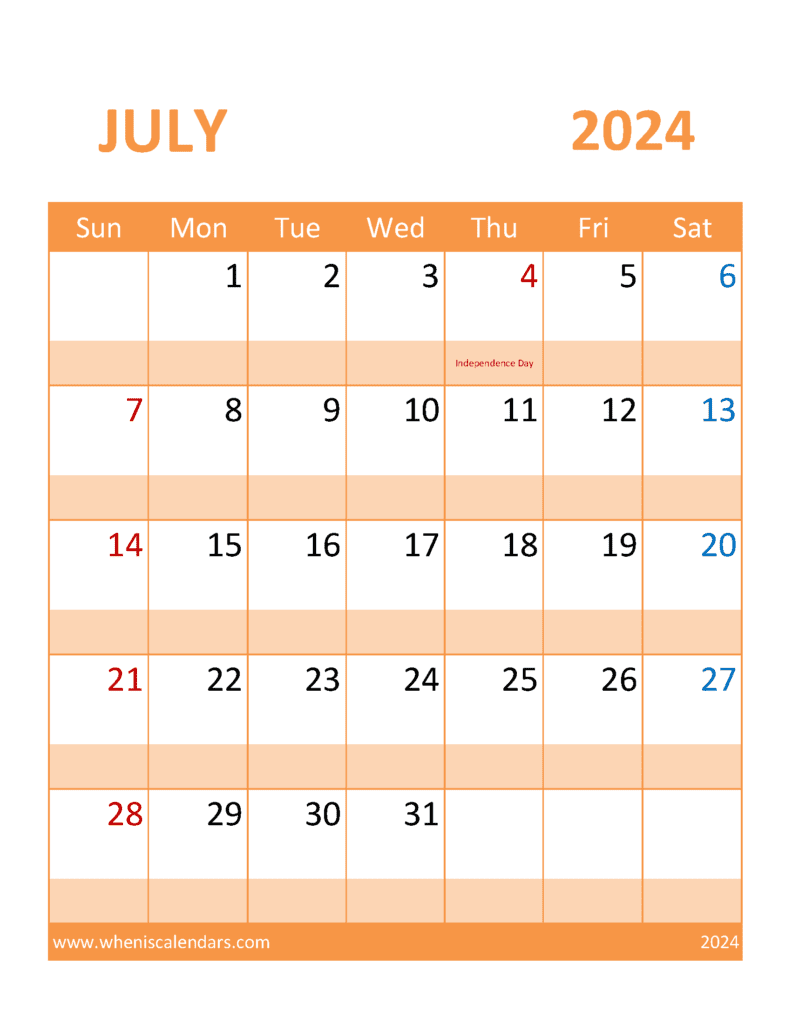 Download July 2024 work Calendar Letter Vertical J74397