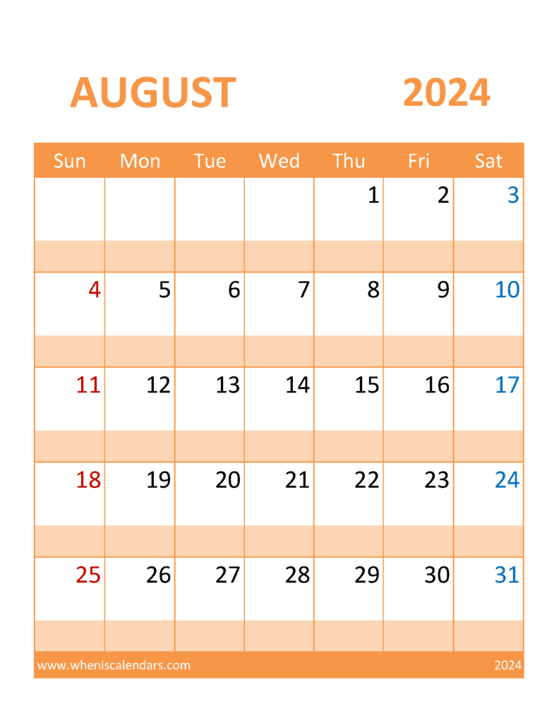 Download free August Calendar 2024 with Holidays printable A4 in Vertical Portrait