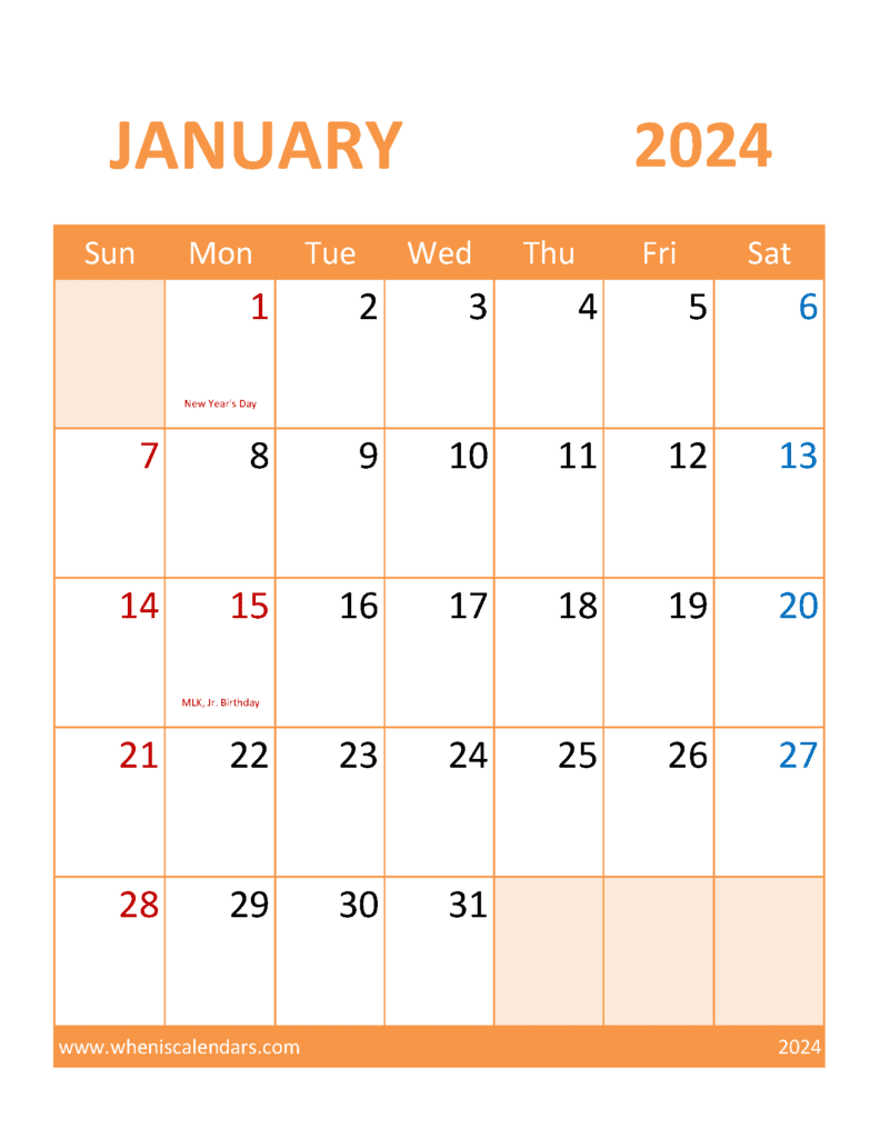 Download 2024 January Printable Calendar Free Letter Vertical J4398