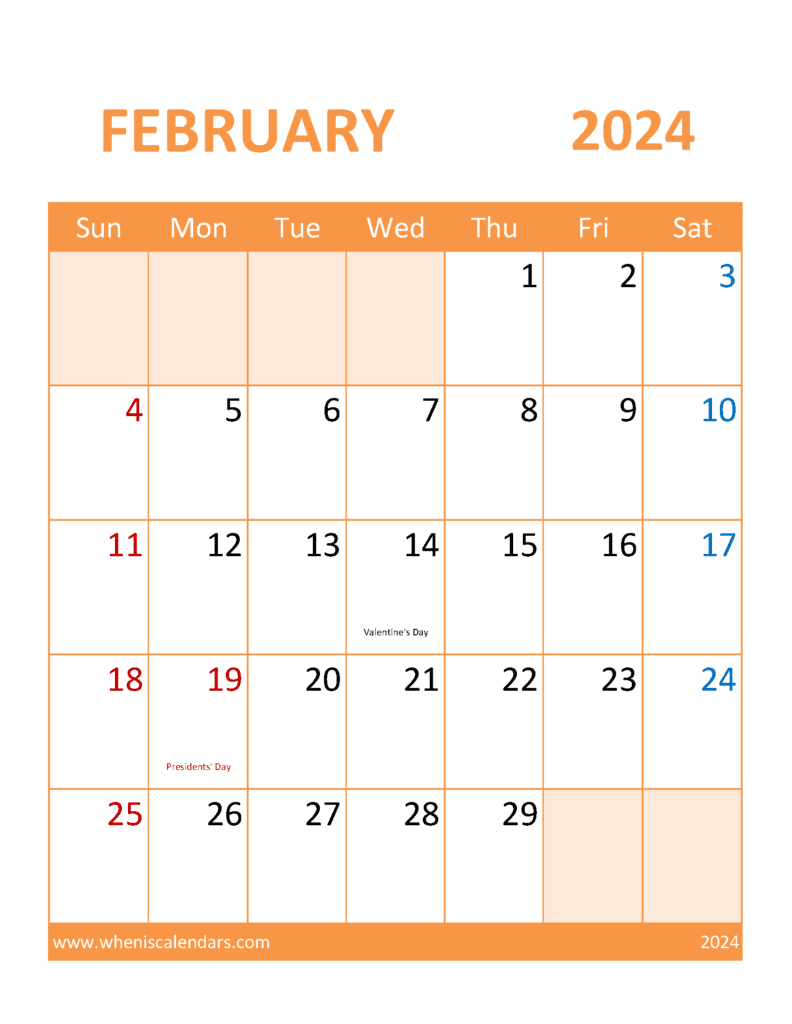 Download 2024 February Printable Calendar Free Letter Vertical F4398