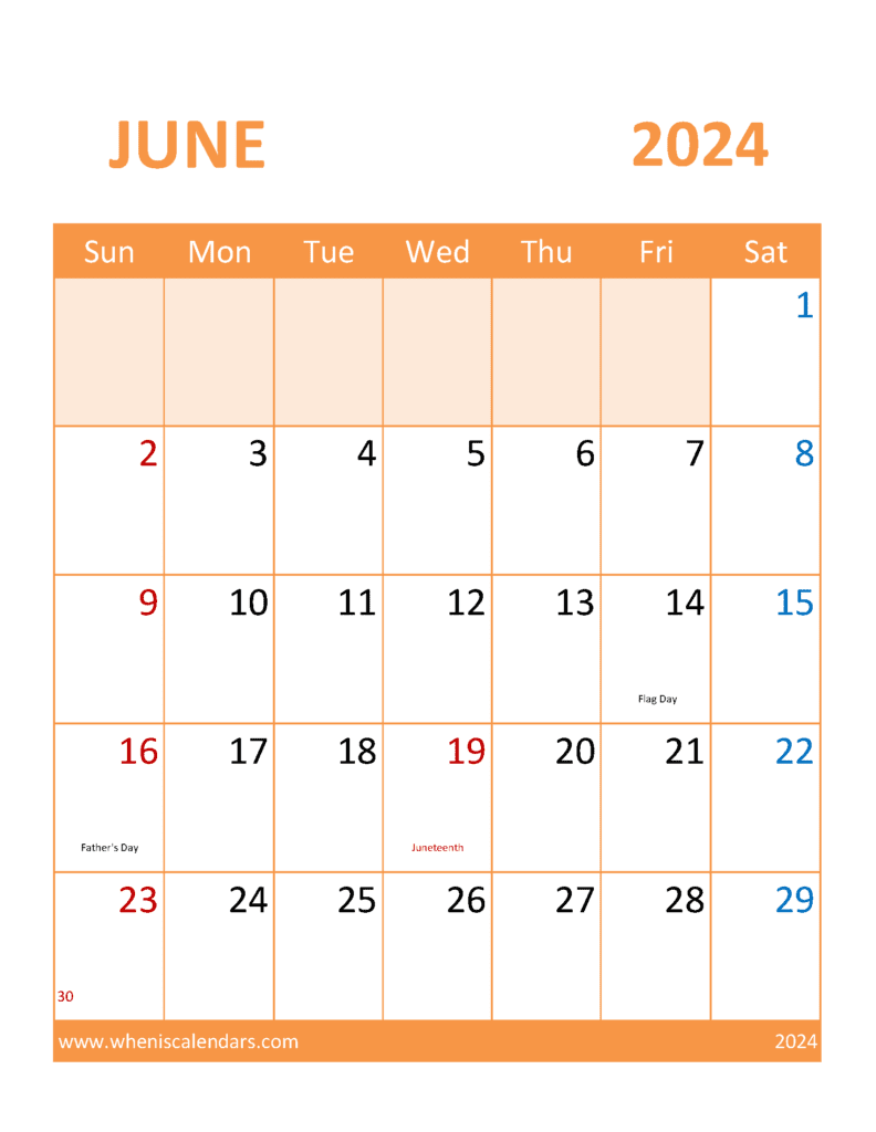 2024 June Printable Calendar Free J64398