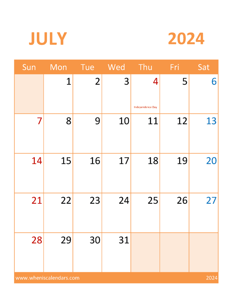 Download 2024 July Printable Calendar Free Letter Vertical J74398