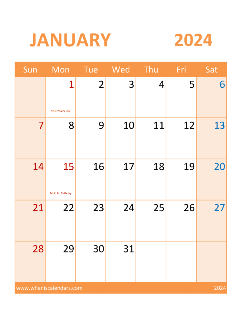 Download Calendar January 2024 Blank Letter Vertical J4399