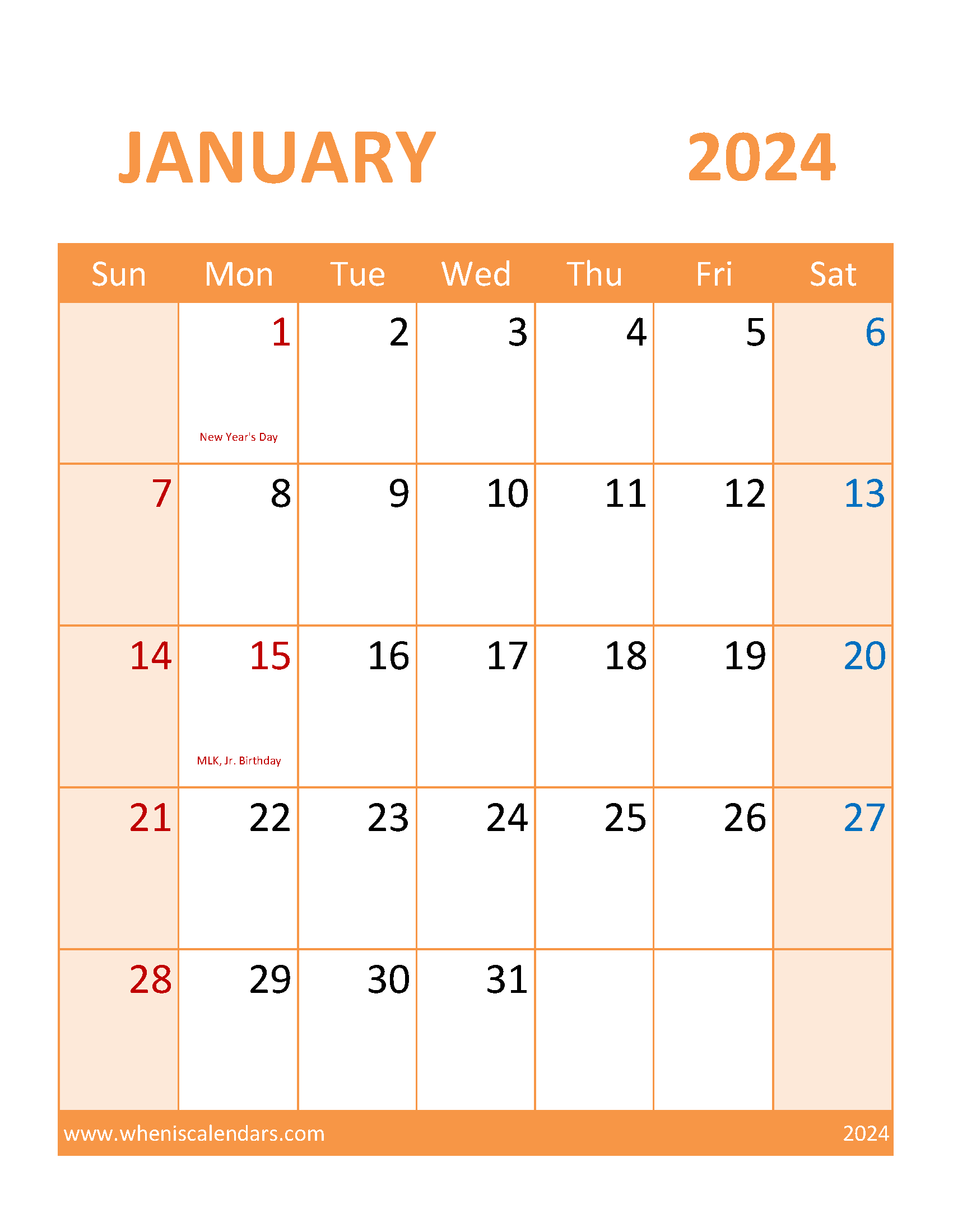 Calendar January 2024 Blank Monthly Calendar