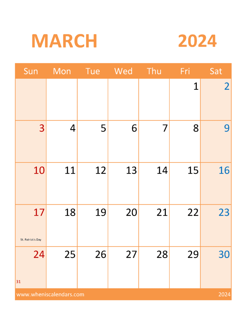 Download Calendar March 2024 Blank Letter Vertical M34399