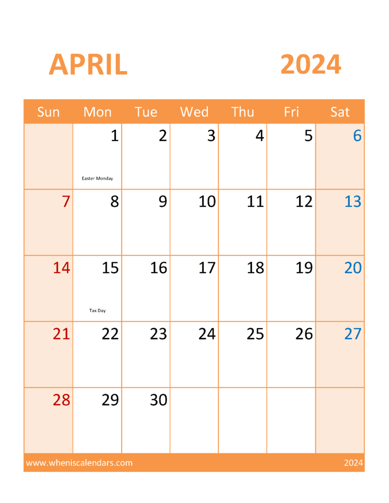 Calendar April 2024 Blank A44399