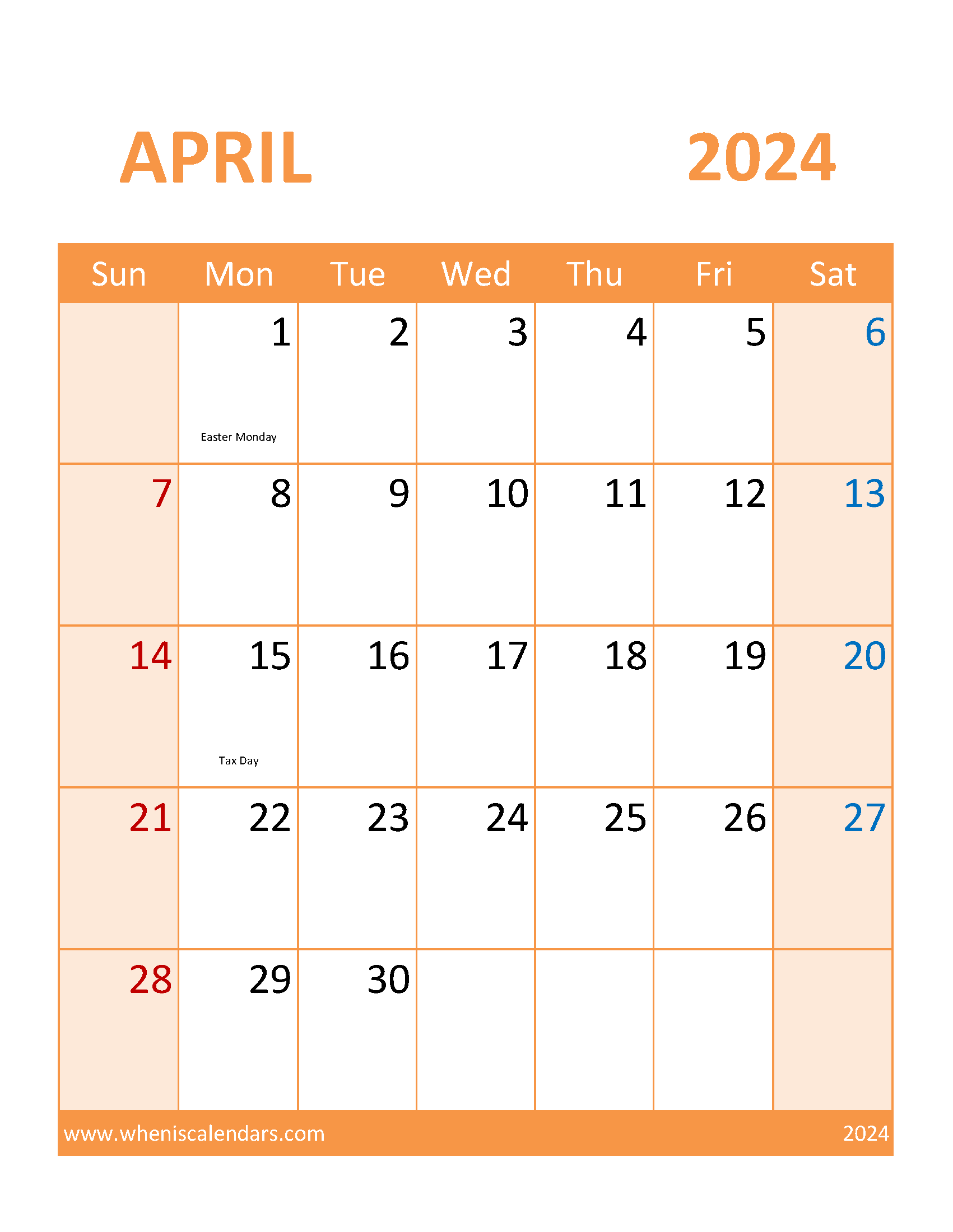 Calendar April 2024 Blank Monthly Calendar