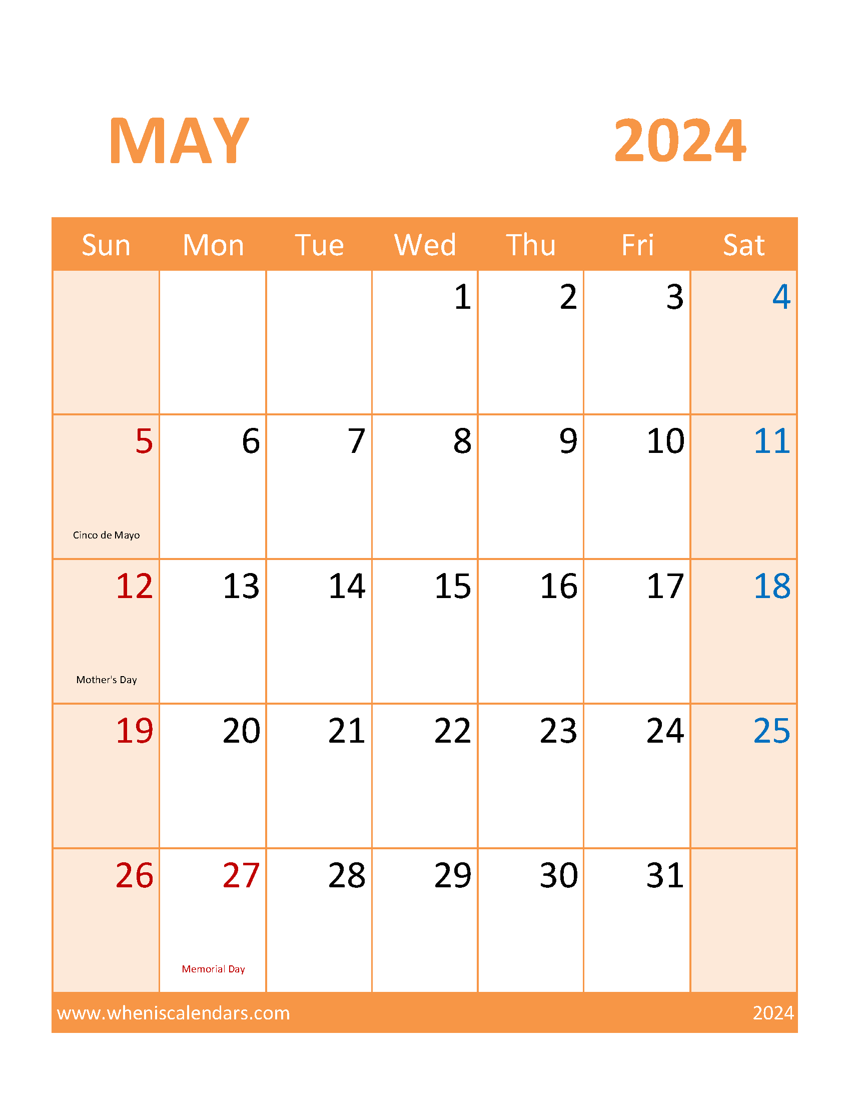 Calendar May 2024 Blank Monthly Calendar