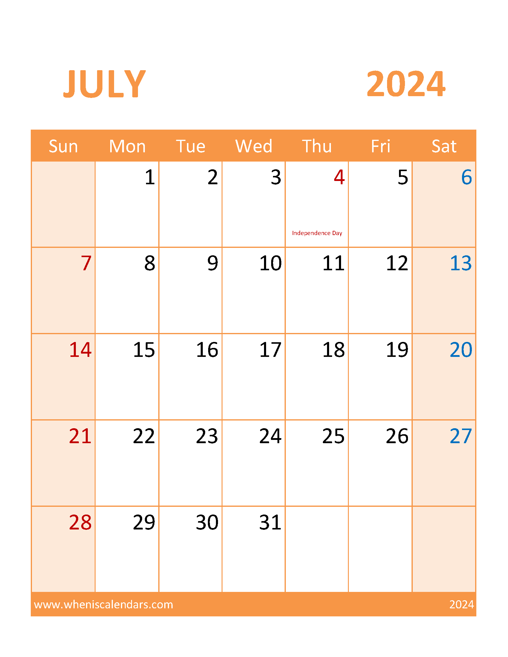 Calendar July 2024 Blank Monthly Calendar