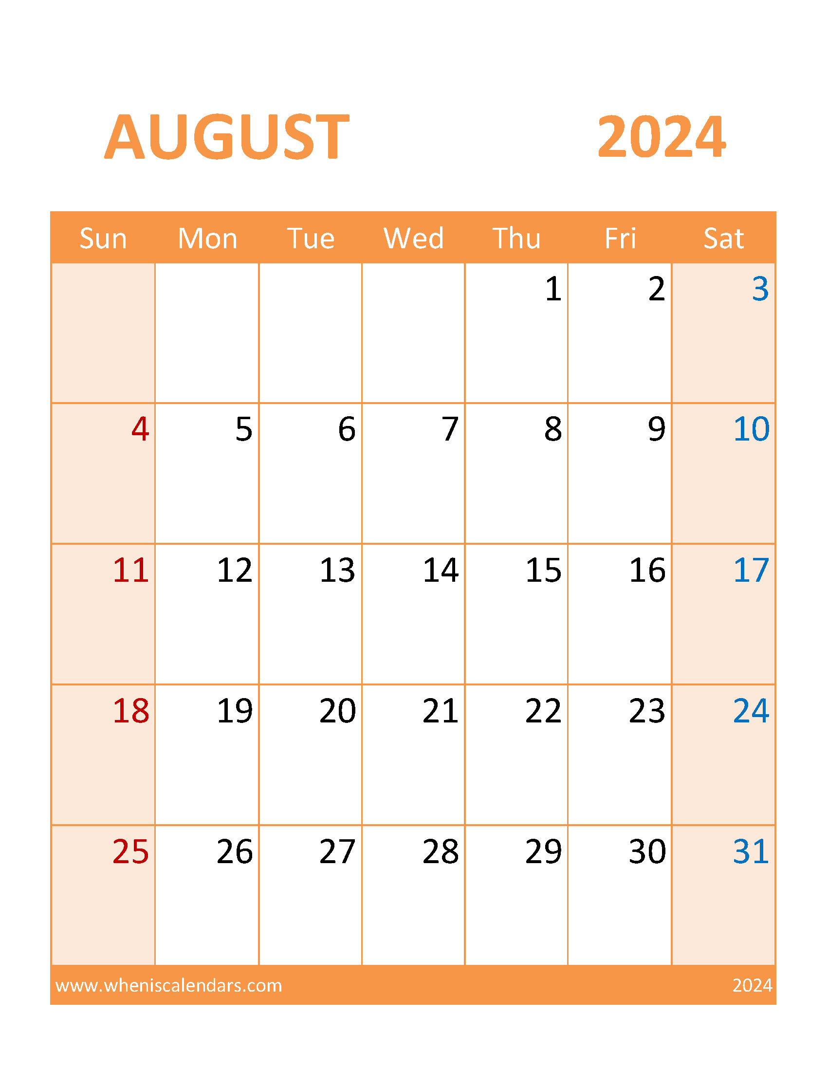 Calendar August 2024 Blank Monthly Calendar