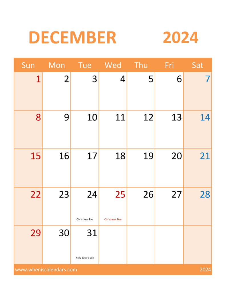 Free Printable December 2024 Calendar page Monthly Calendar