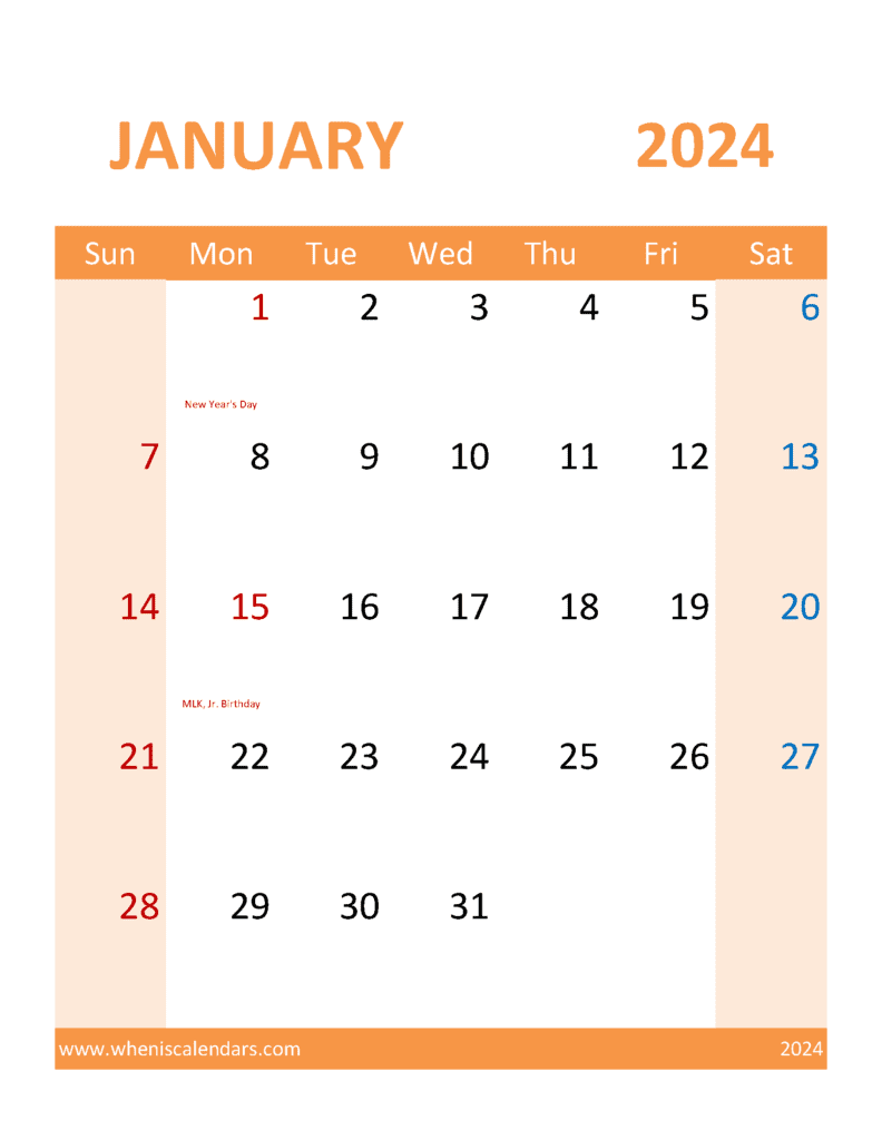 Download free January Calendar 2024 with Holidays printable A4 in Vertical Portrait