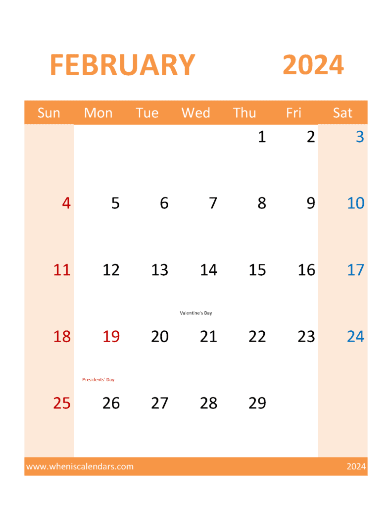 Download free February Calendar 2024 with Holidays printable A4 in Vertical Portrait
