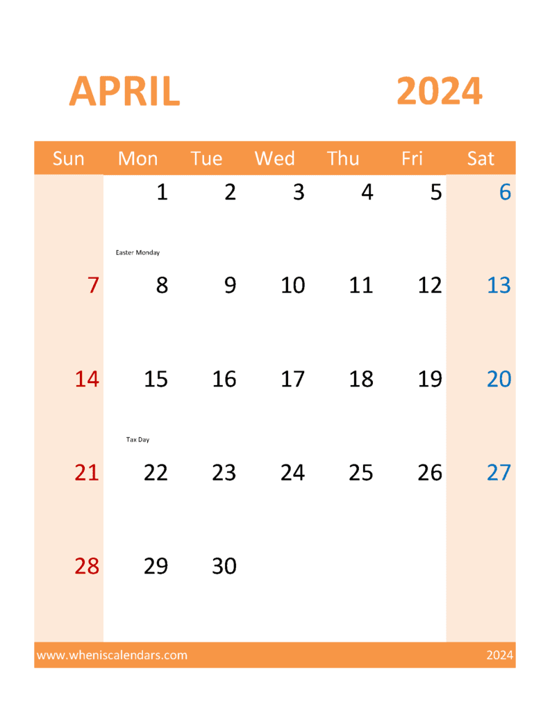Blank Calendar template 2024 April A44120