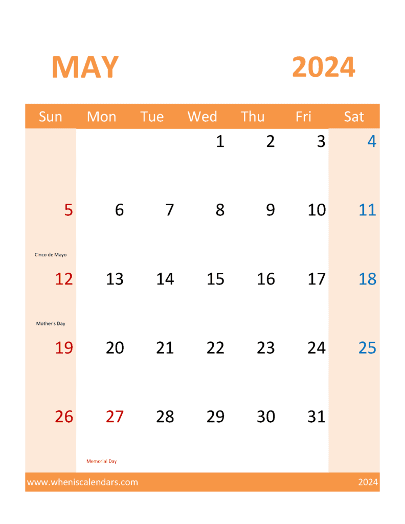 Download free May Calendar 2024 with Holidays printable A4 in Vertical Portrait