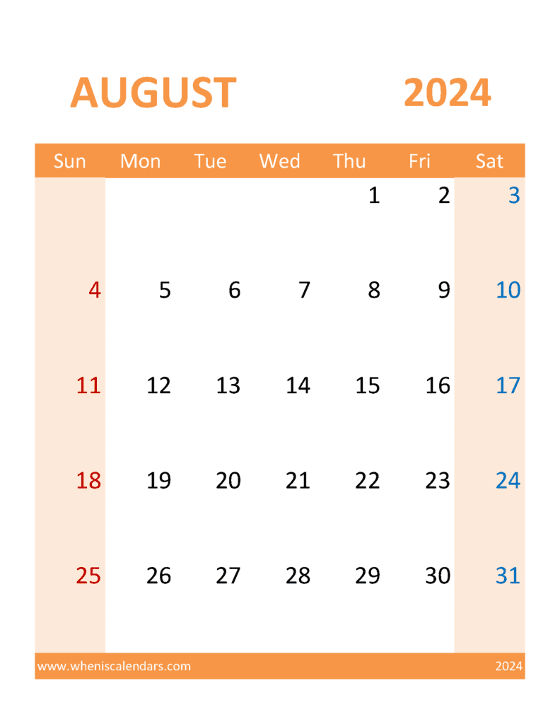 Download free August Calendar 2024 with Holidays printable A4 in Vertical Portrait