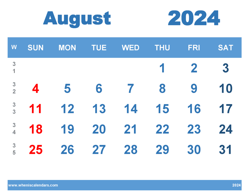 Free Printable August 2024 Calendar with Week Numbers